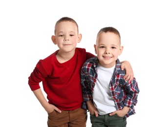 Photo of Portrait of cute twin brothers on white background