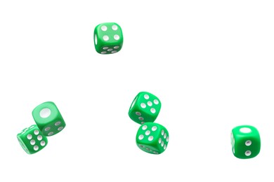 Six green dice in air on white background