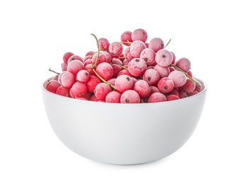 Photo of Tasty frozen red currants in bowl on white background