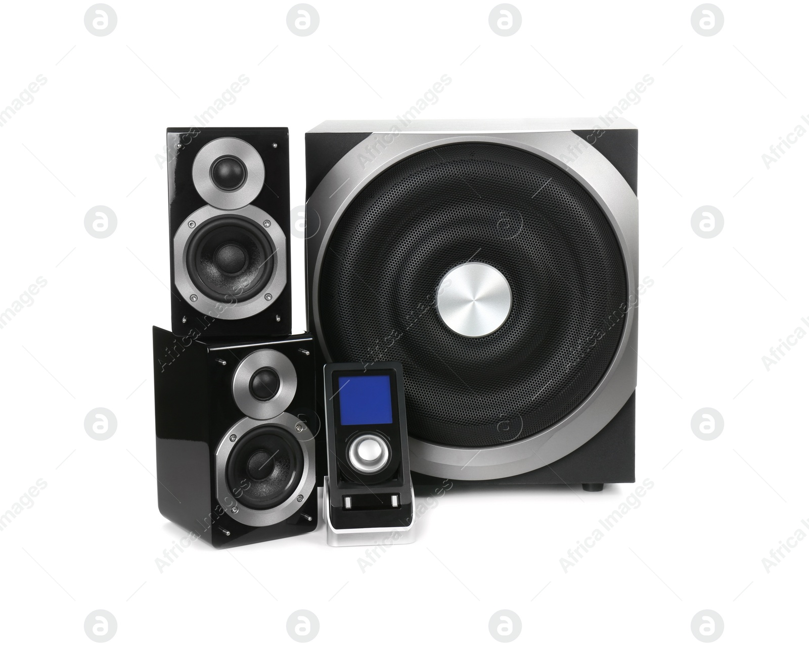 Photo of Modern powerful audio speaker system with remote on white background