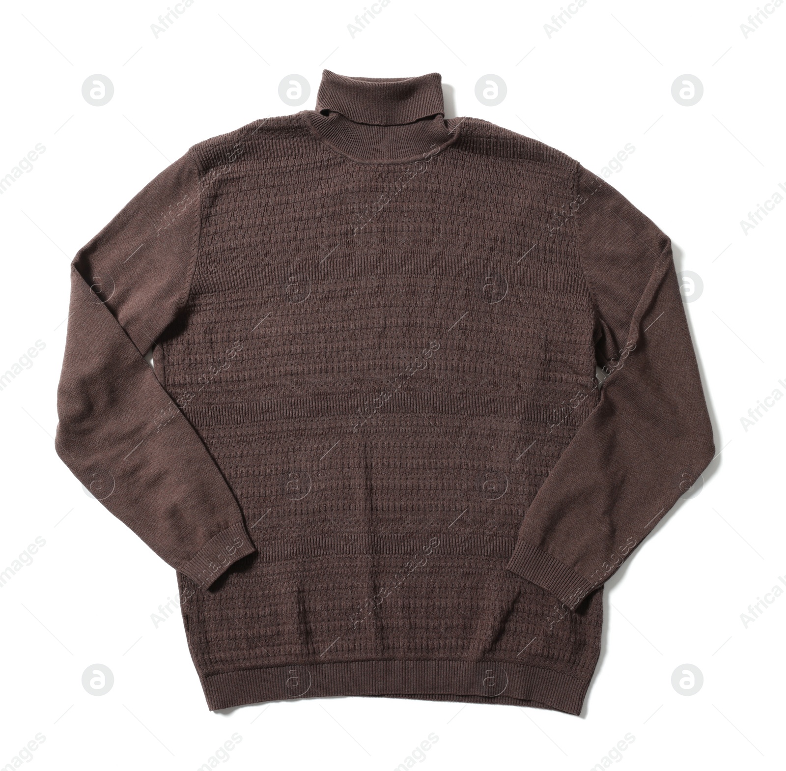 Photo of Stylish brown sweater isolated on white, top view