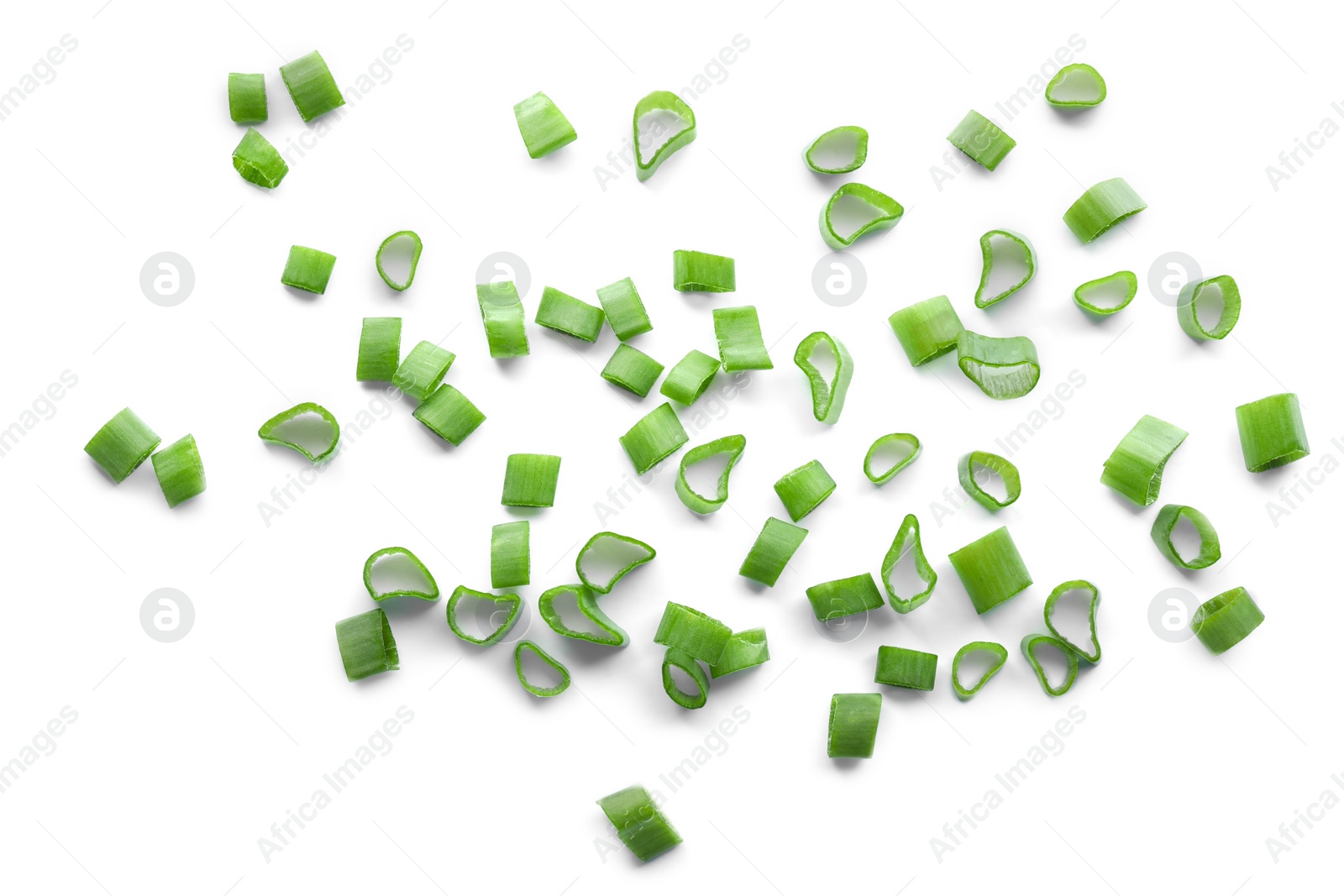 Photo of Fresh chopped green onion isolated on white, top view