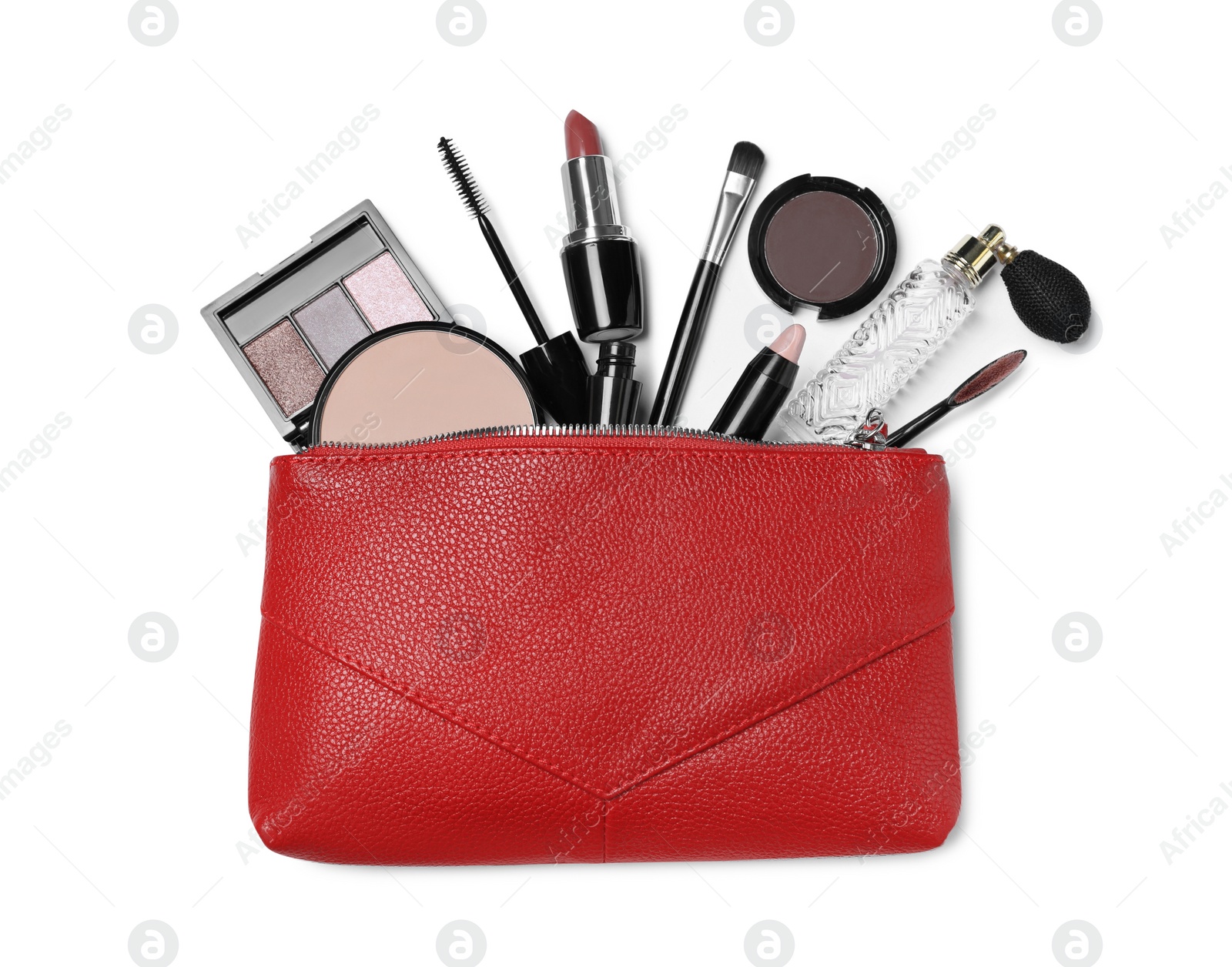 Photo of Cosmetic bag with makeup products and accessories on white background, top view