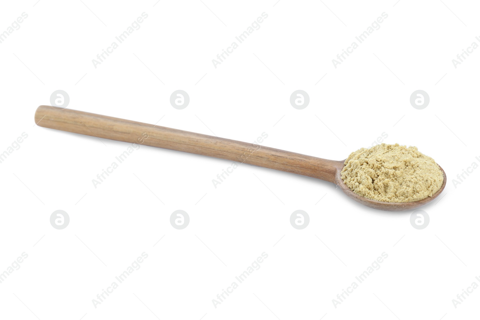 Photo of Wooden spoon with aromatic mustard powder on white background