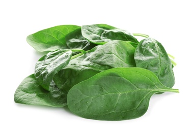 Photo of Heap of fresh green healthy baby spinach leaves isolated on white