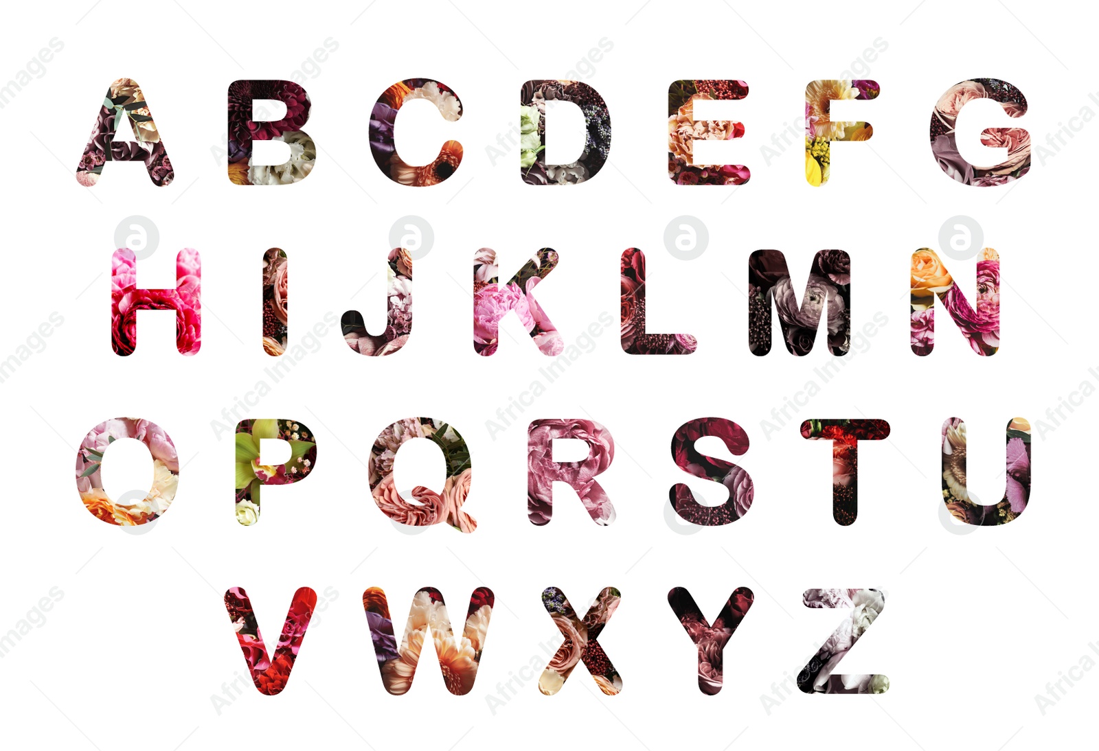 Image of Alphabet letters made of flowers on white background