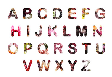 Alphabet letters made of flowers on white background