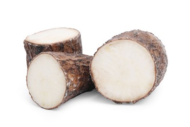Photo of Pieces of cassava root isolated on white