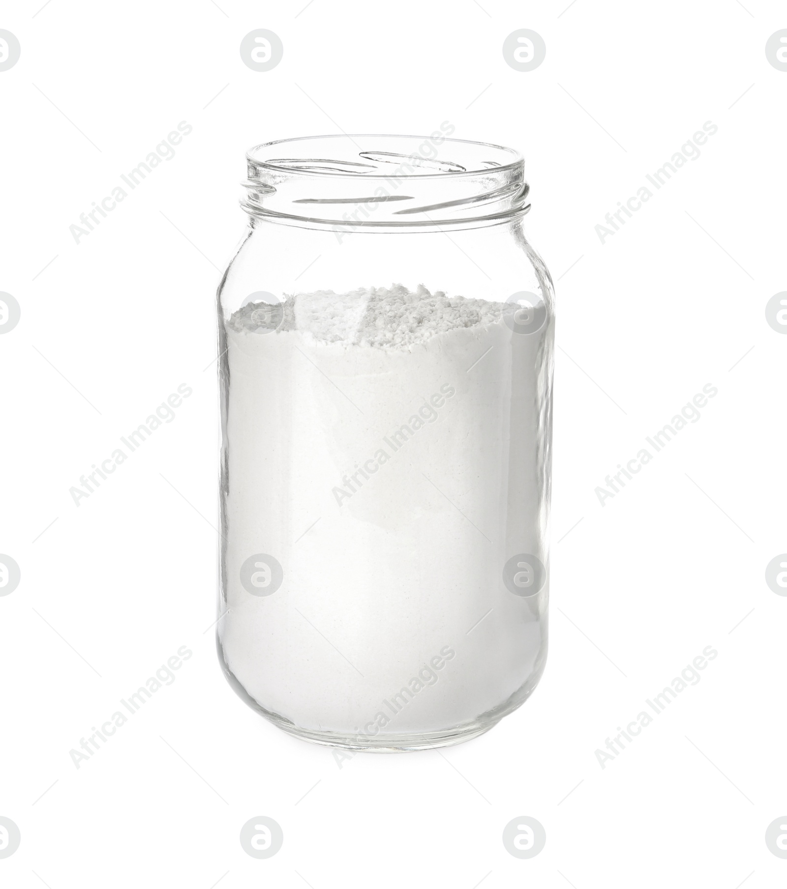 Photo of Organic flour in glass jar isolated on white