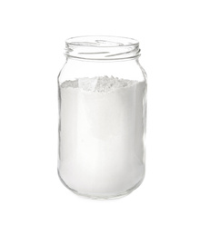 Photo of Organic flour in glass jar isolated on white