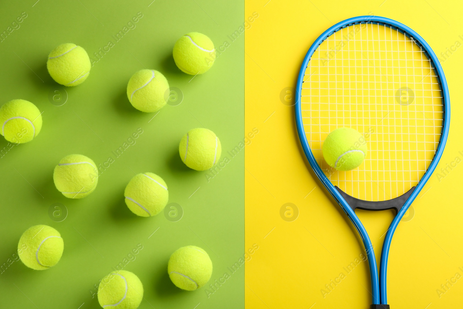 Photo of Tennis racket and balls on color background, flat lay. Sports equipment