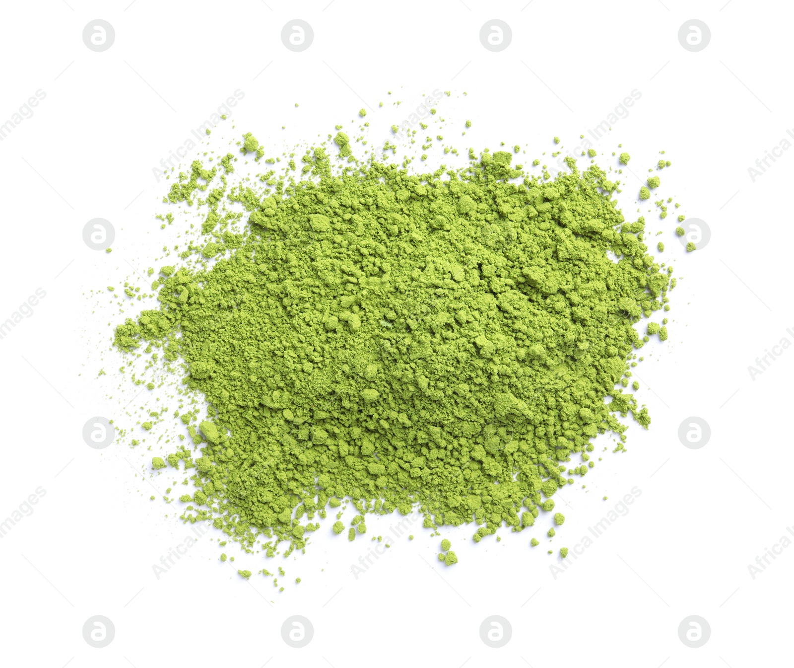 Photo of Pile of green matcha powder isolated on white, top view