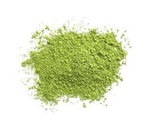 Photo of Pile of green matcha powder isolated on white, top view