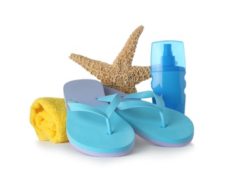 Photo of Composition with beach accessories on white background