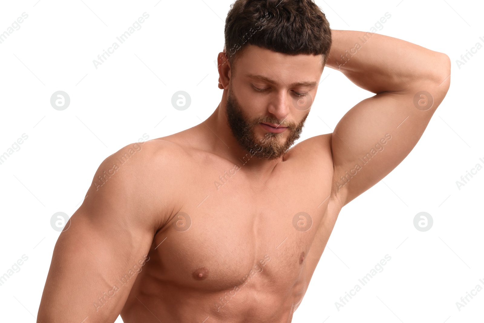 Photo of Handsome muscular man isolated on white. Sexy body