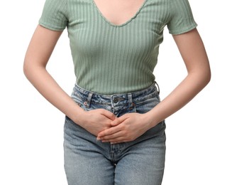 Photo of Woman suffering from cystitis on white background, closeup