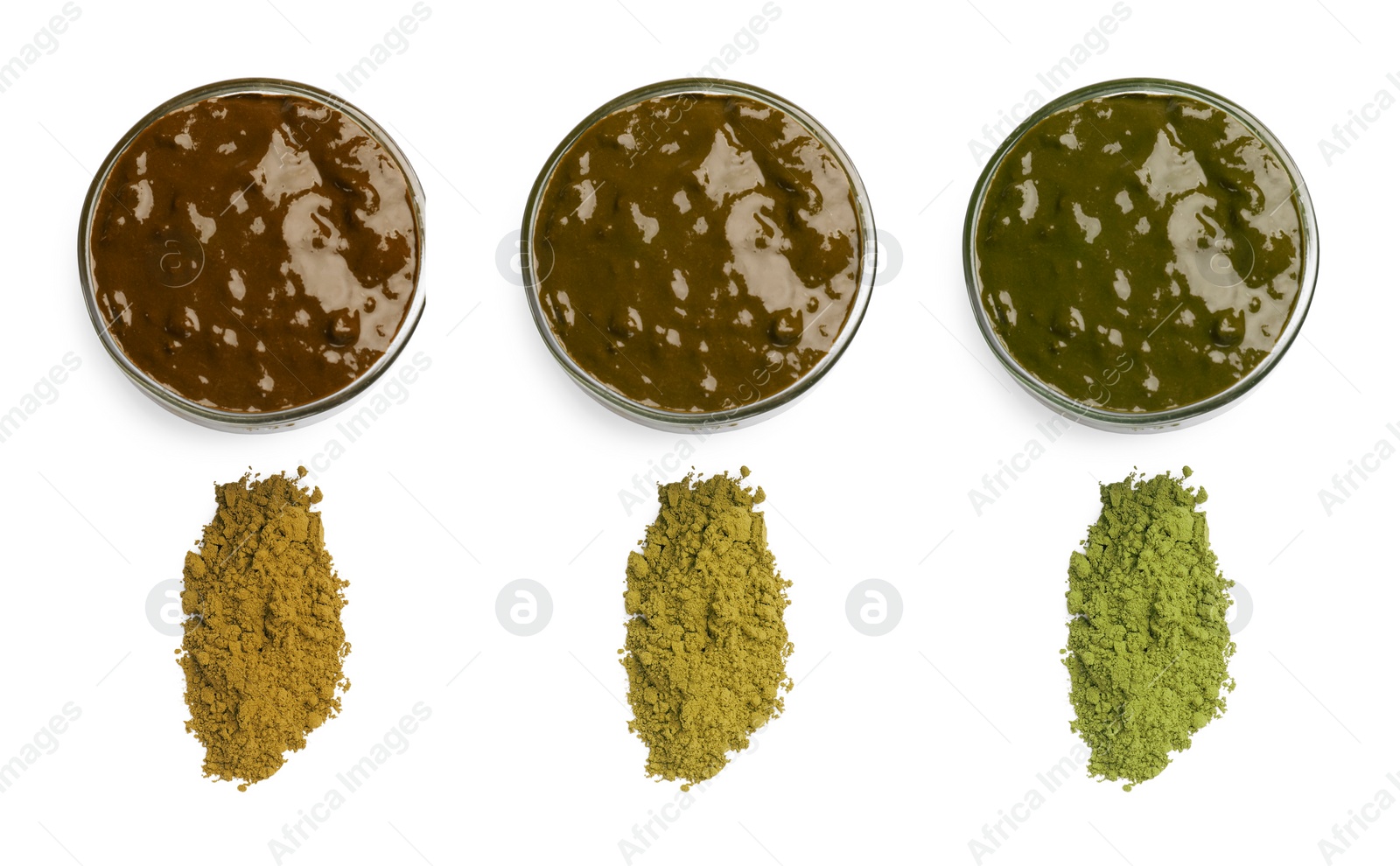 Image of Set with henna paste and powder of different colors isolated on white, top view