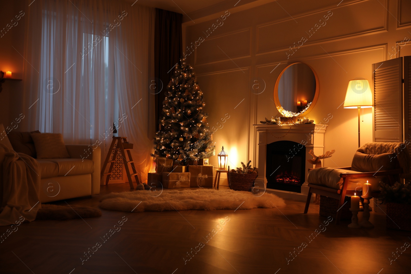 Photo of Beautiful room interior with Christmas tree and fireplace