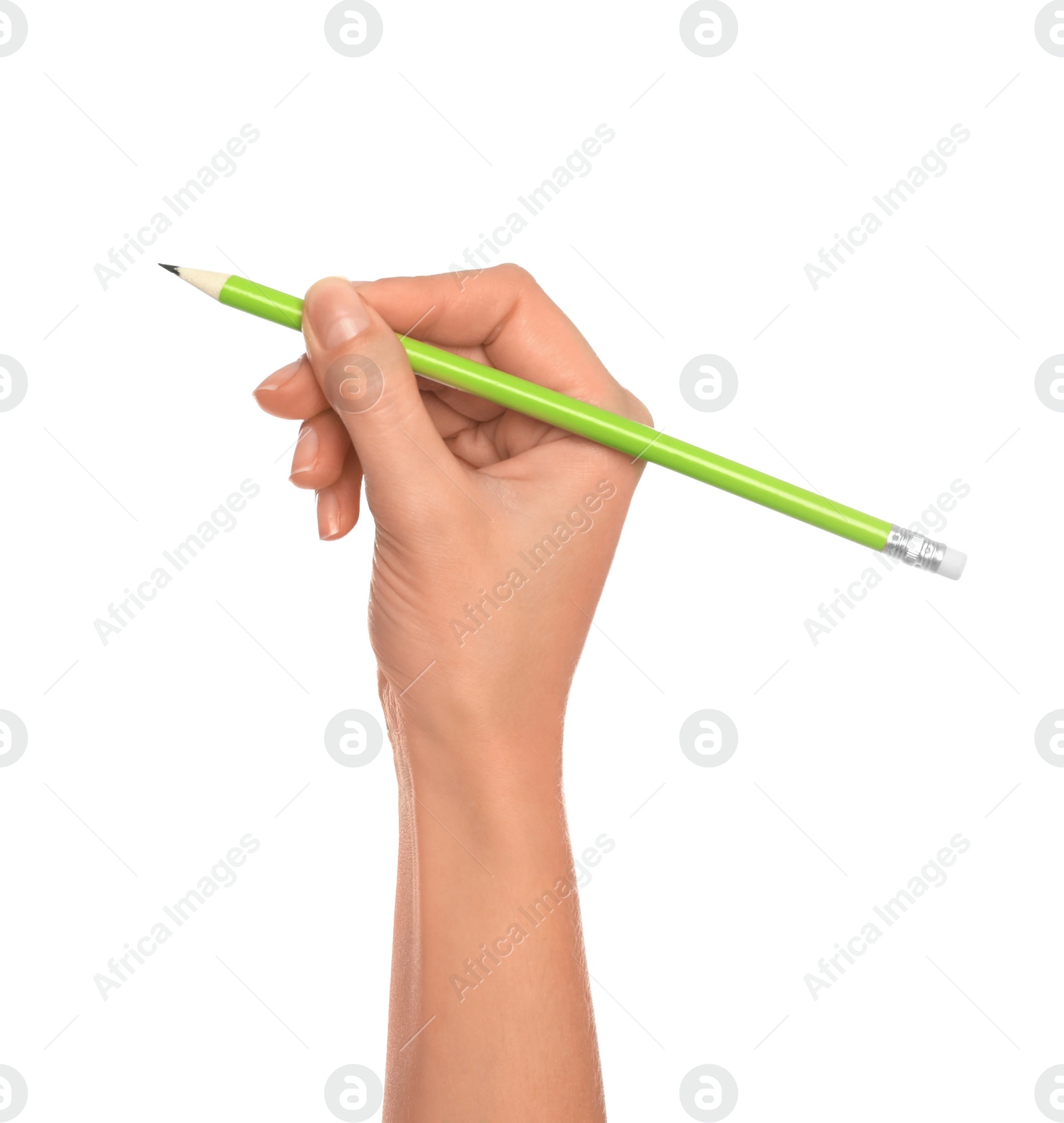 Photo of Woman holding ordinary pencil on white background, closeup