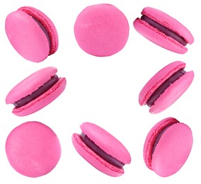 Image of Frame made of delicious macarons on white background