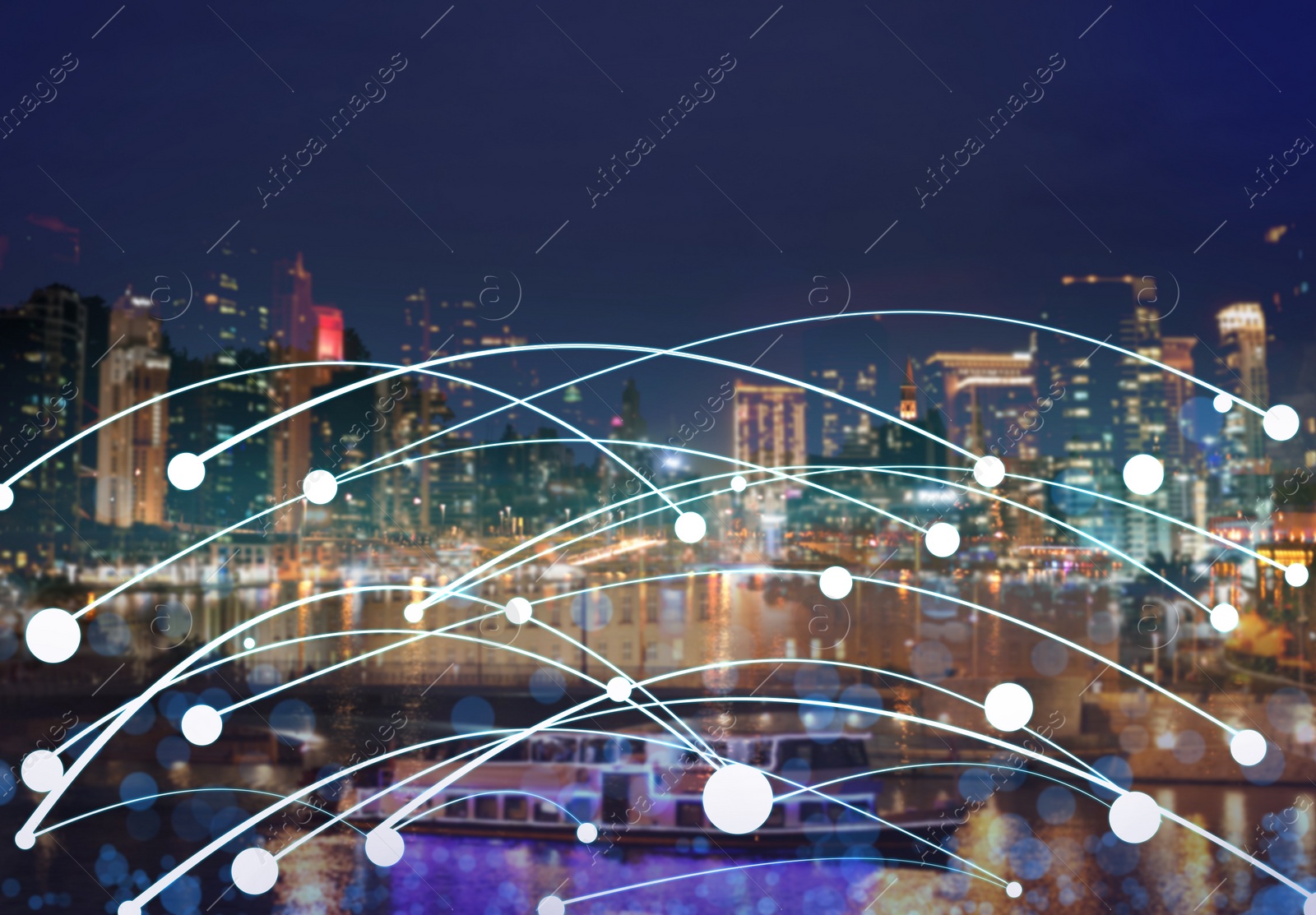 Image of Beautiful cityscape and network connection lines 