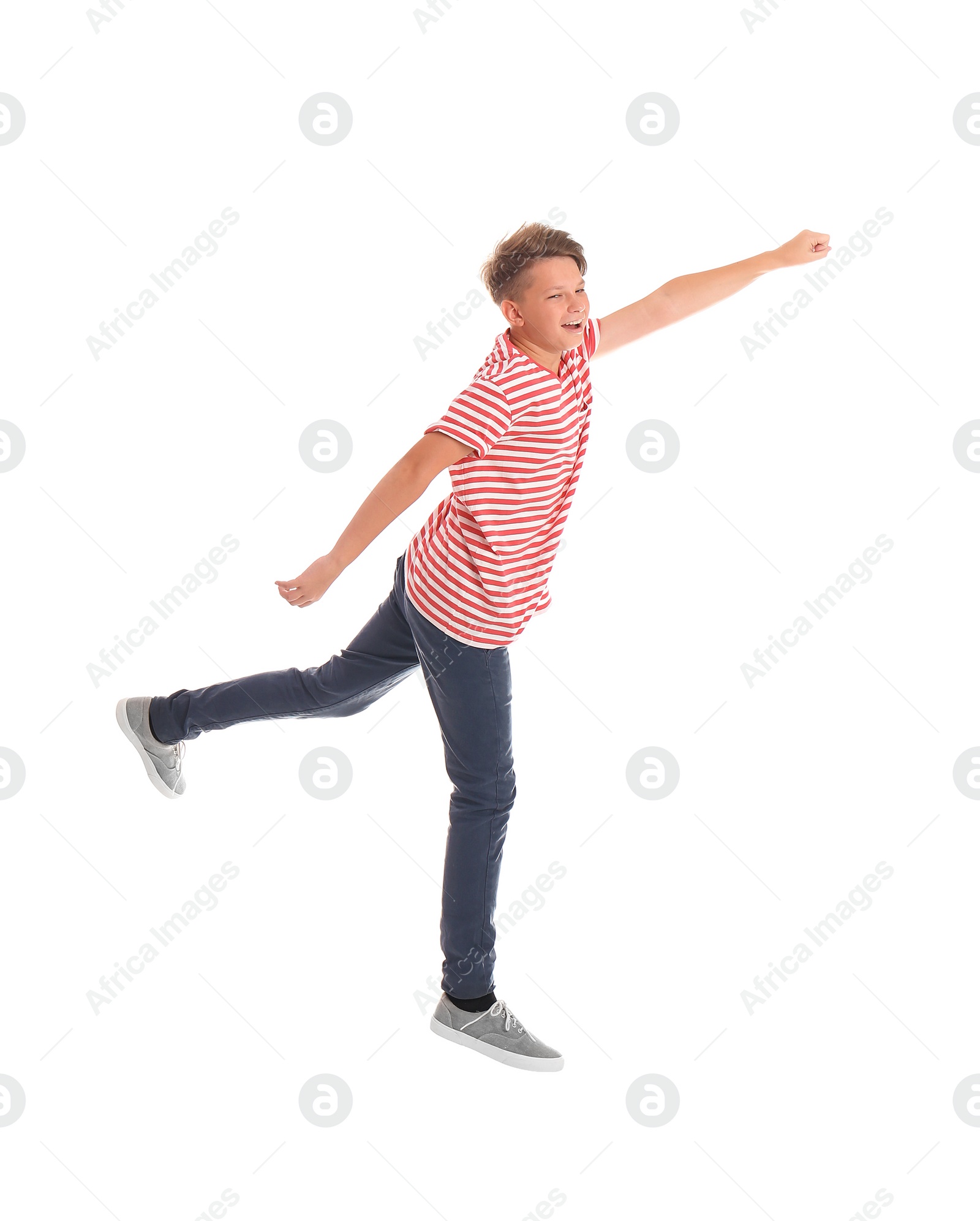 Photo of Teenage boy in casual clothes on white background