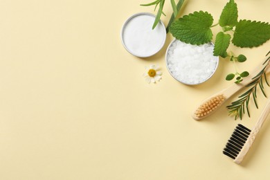 Flat lay composition with bamboo toothbrushes, sea salt and herbs on beige background. Space for text