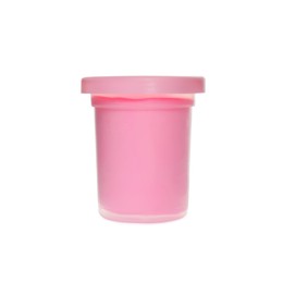 Photo of Plastic container with color play dough isolated on white