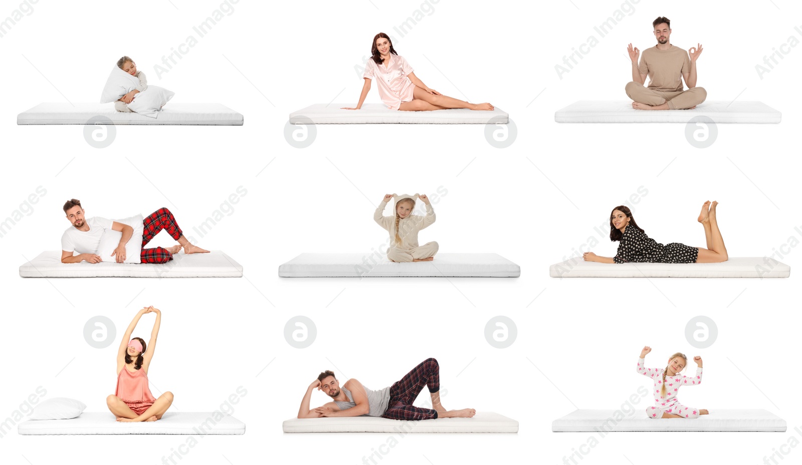 Image of Collage with photos of people on soft comfortable mattresses on white background