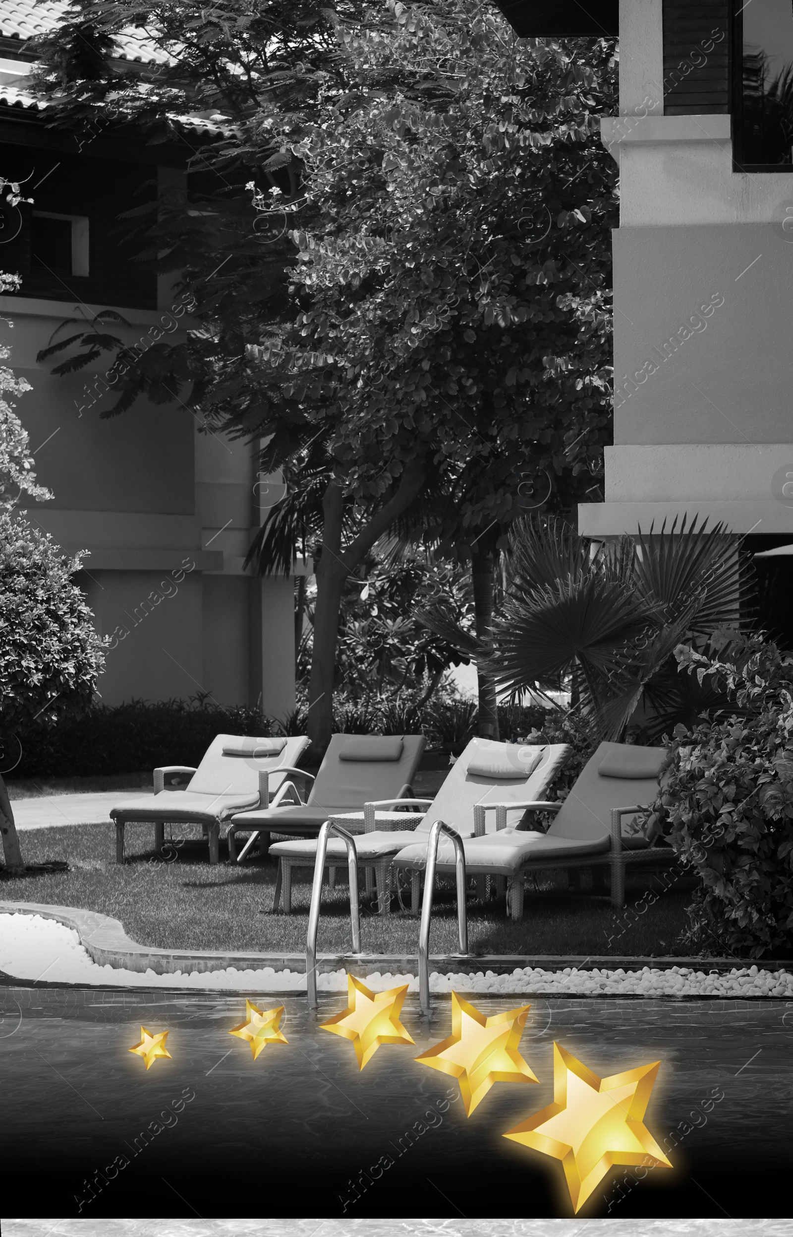 Image of Sunbeds near swimming pool at five star hotel. Black and white tone
