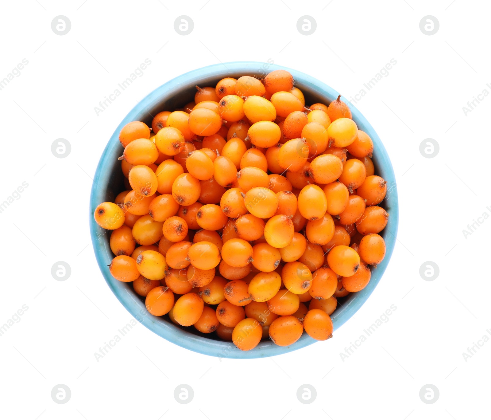 Photo of Fresh ripe sea buckthorn berries in bowl isolated on white, top view