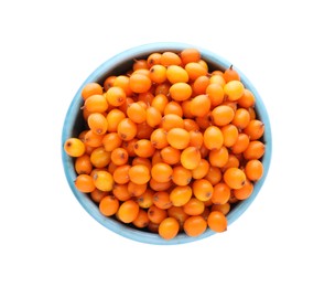 Fresh ripe sea buckthorn berries in bowl isolated on white, top view