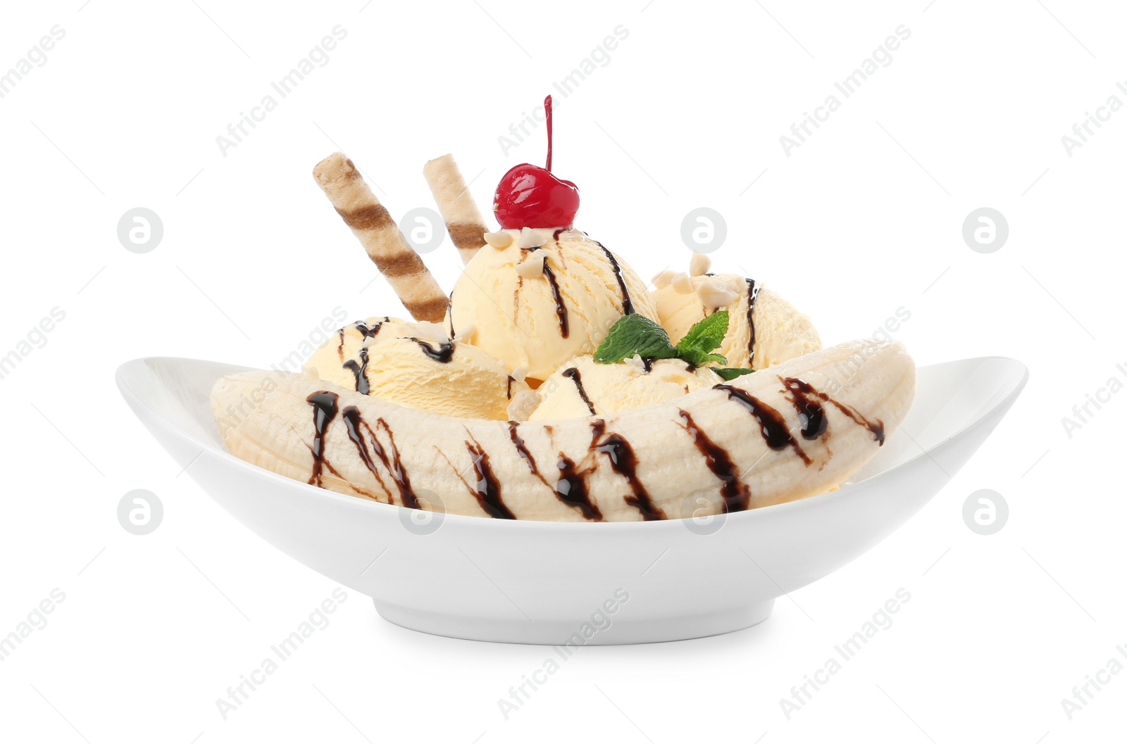 Photo of Delicious dessert with banana ice cream on white background