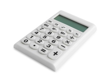 Photo of Modern calculator on white background. Office equipment