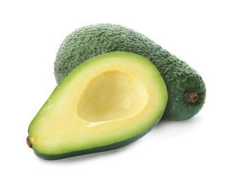 Image of Cut and whole fresh avocados on white background