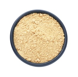 Photo of Aromatic mustard powder in bowl on white background, top view