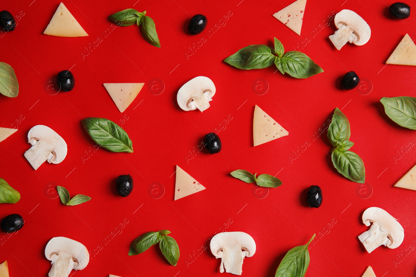 Photo of Flat lay composition with ingredients for pizza on color background