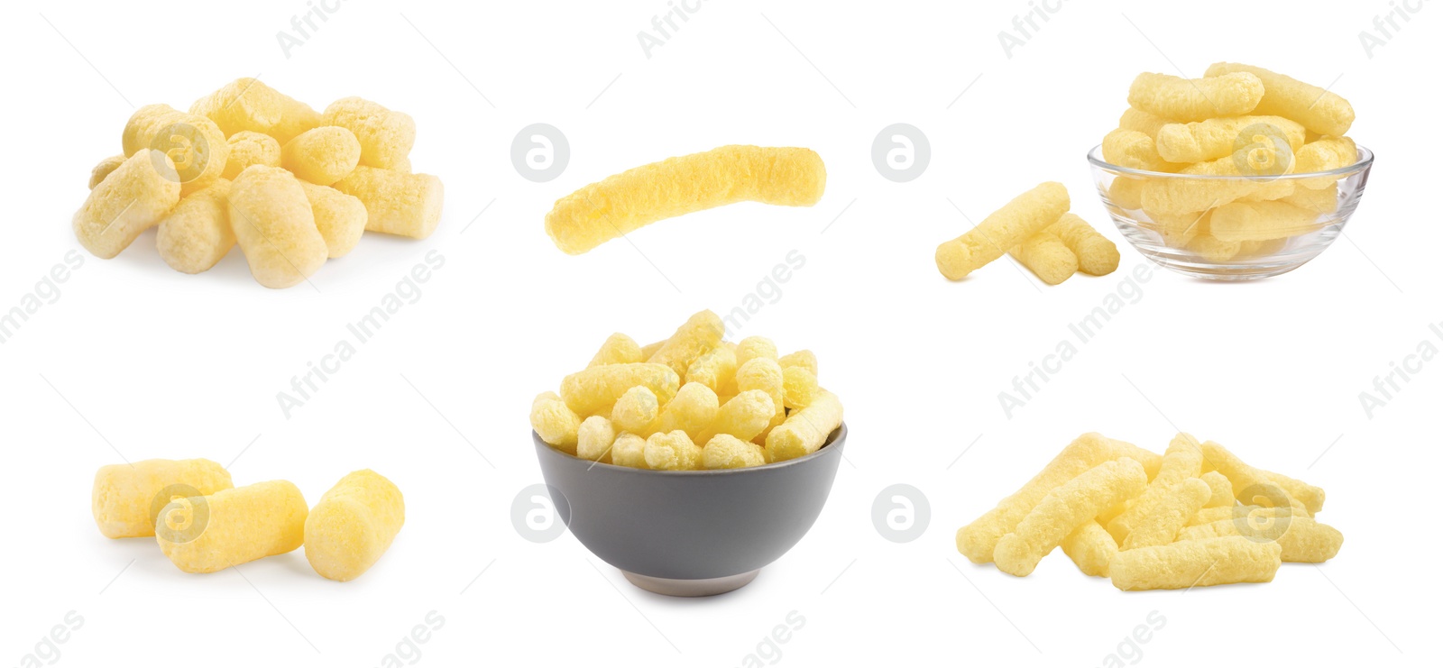 Image of Collage with tasty corn sticks on white background