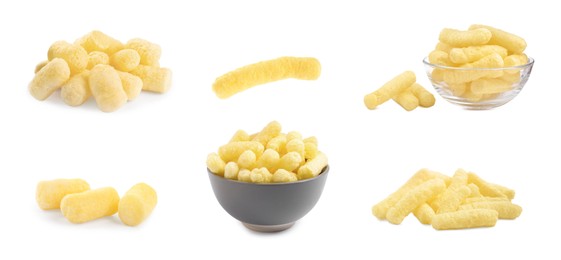 Image of Collage with tasty corn sticks on white background