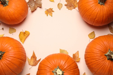 Frame made of ripe pumpkins and autumn leaves on light background, flat lay. Space for text