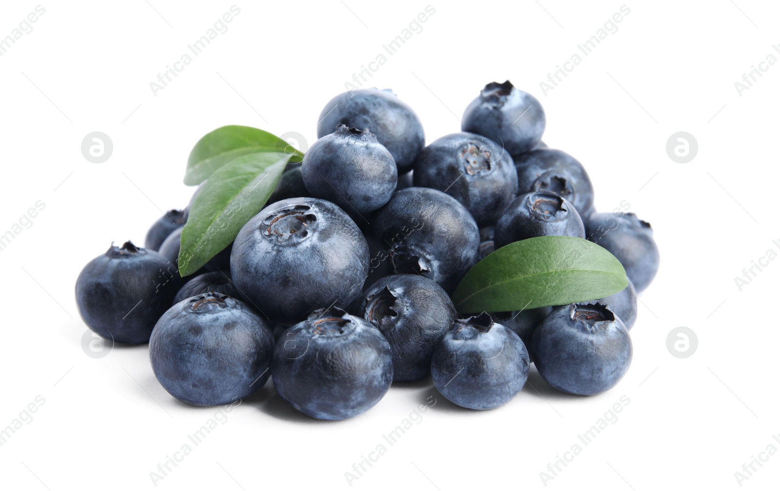 Photo of Fresh ripe blueberries with leaves on white background