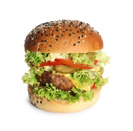 Photo of Burger with delicious patty isolated on white