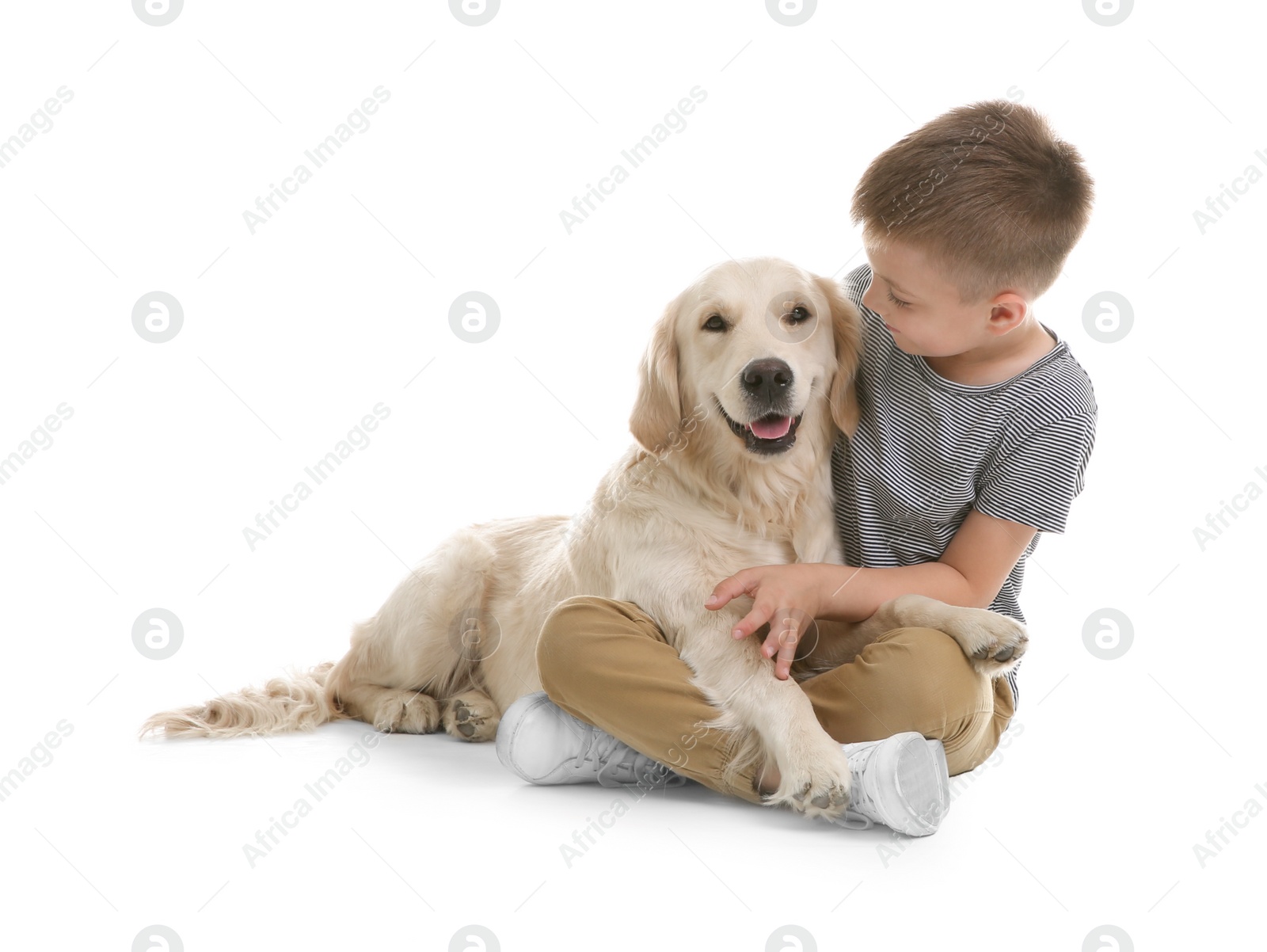 Photo of Cute little child with his pet on white background