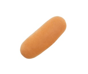 Photo of Tasty fresh bun for hot dog on white background, top view