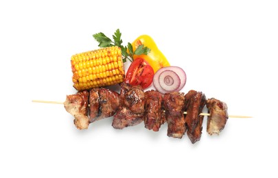 Photo of Delicious shish kebab, parsley and vegetables isolated on white, top view