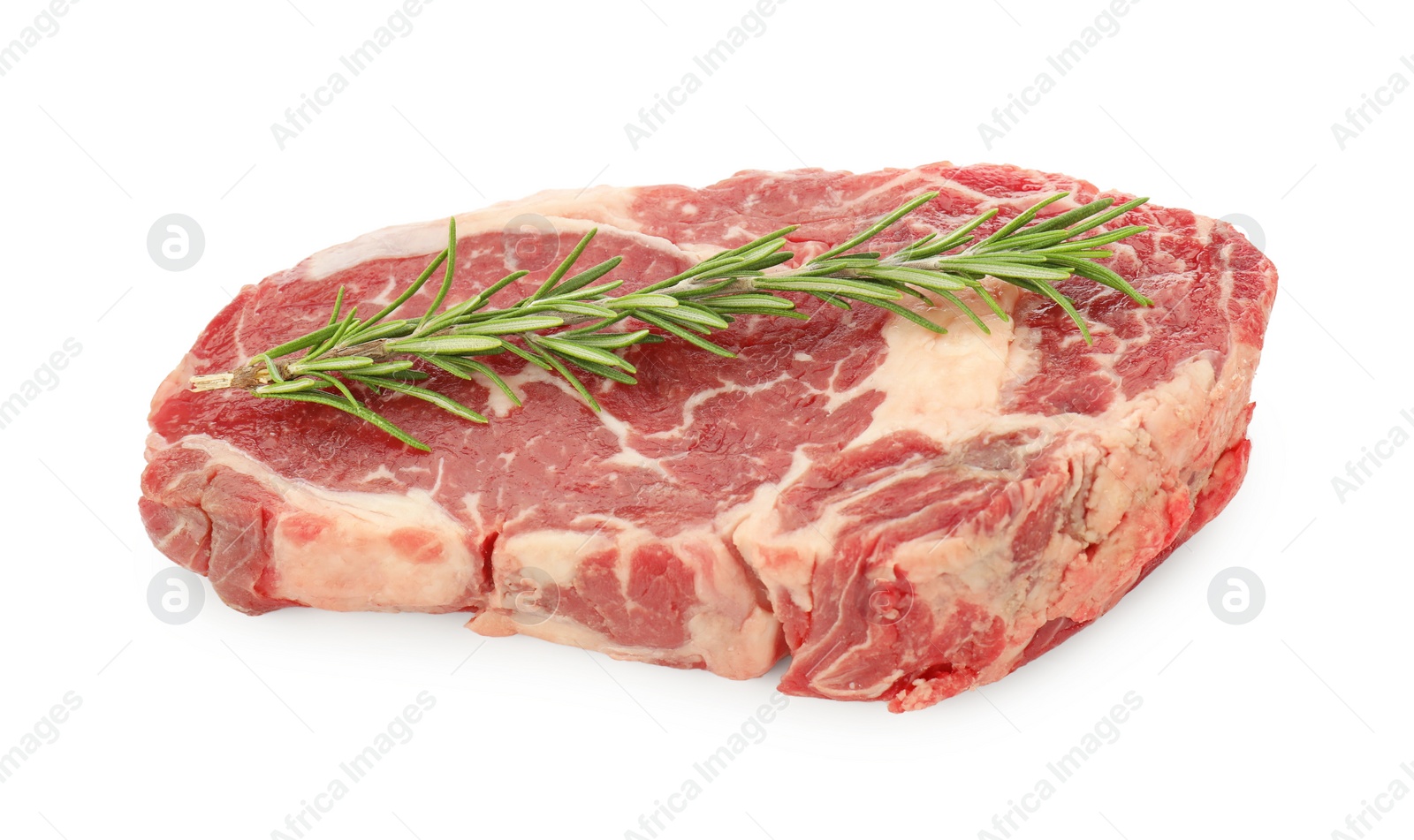 Photo of Raw beef steak and rosemary isolated on white
