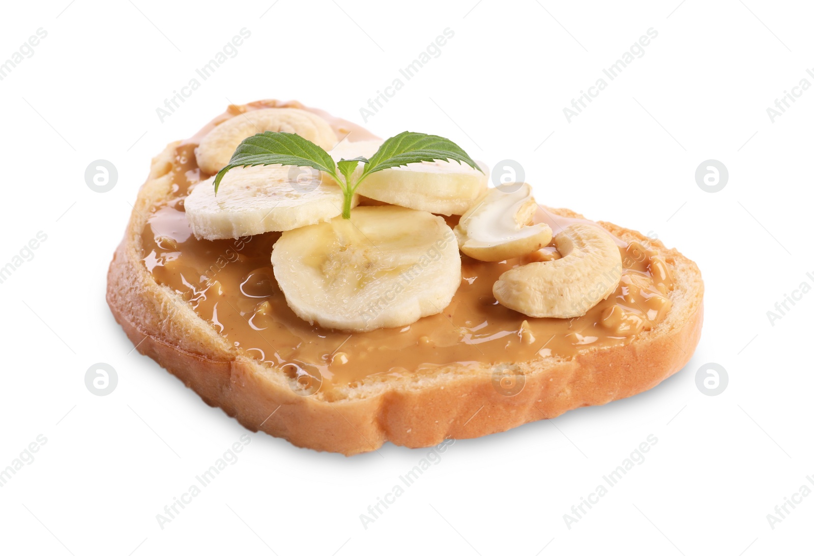 Photo of Toast with tasty nut butter, banana slices and cashews isolated on white