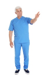 Full length portrait of male doctor in scrubs isolated on white. Medical staff