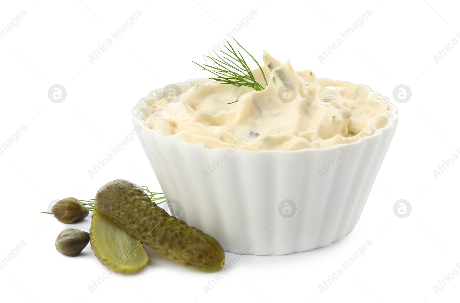 Photo of Tartar sauce and ingredients on white background