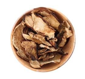 Bowl of dried mushrooms isolated on white, top view